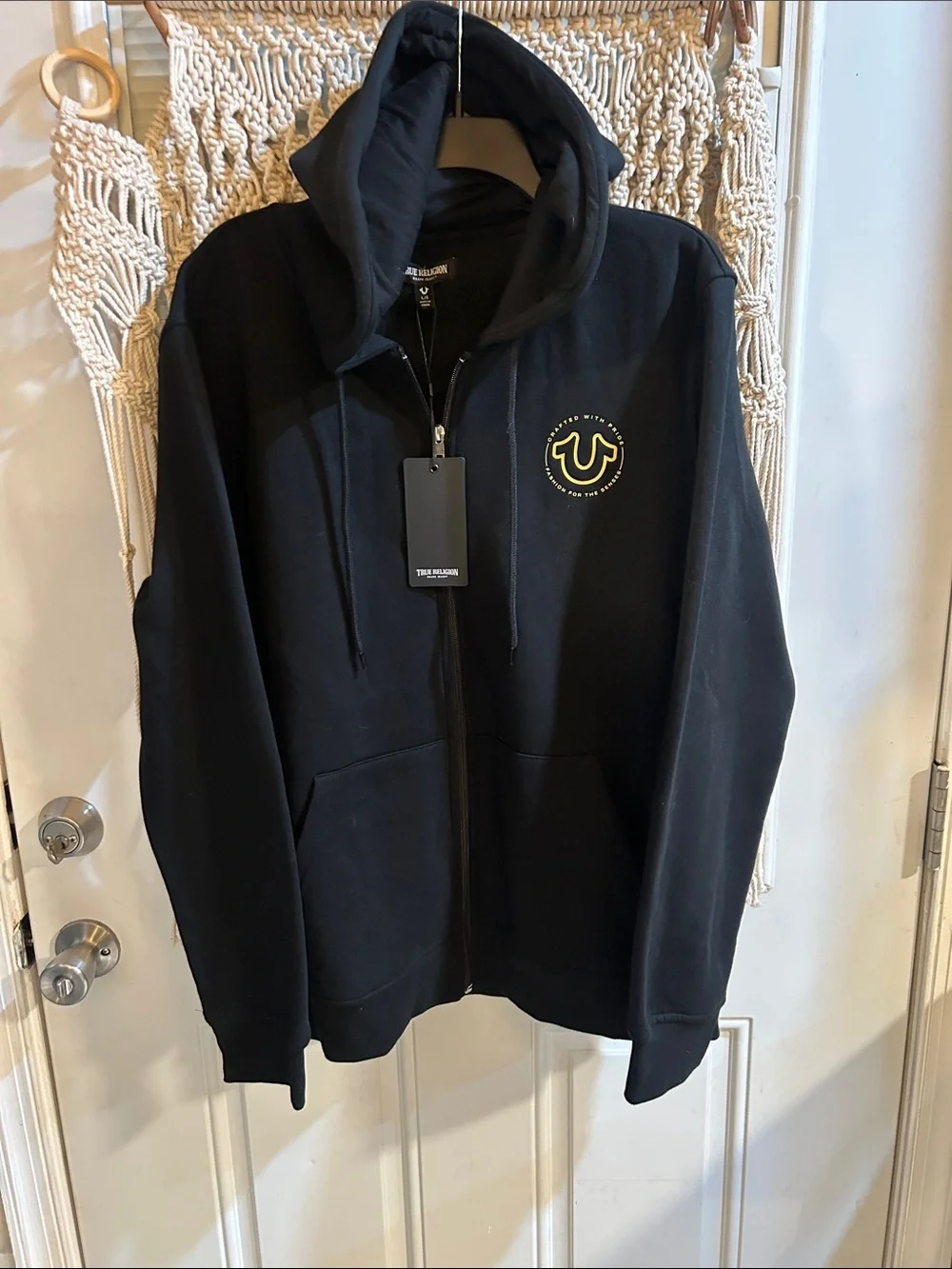 True Religion Black Zip Hoodie with Yellow Horseshoe Logo